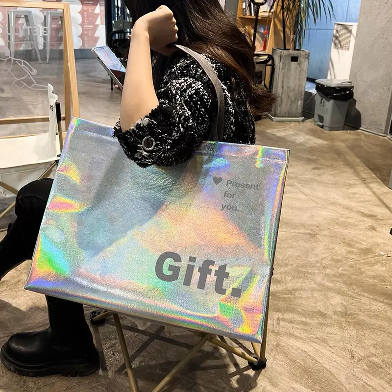 Customise tas jinjing wanita holografik, tas kemasan Laser holografik, kain tidak ditenun, Fashion, tas jinjing belanja untuk wanita