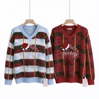 Pull de Noël à col en V pour femme, rayé jacquard, à manches longues, tricot d'hiver pour femmes, OEM ODM, logo personnalisé, taille sur mesure