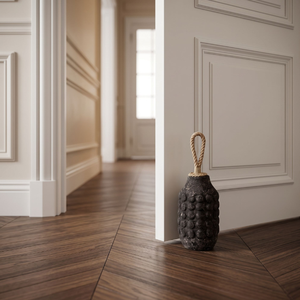 <b>heavy</b> charcoal black ceramic <b>door</b> stopper, featuring a wavy texture, studded pottery design, and a sturdy rope handle - Product Image 3