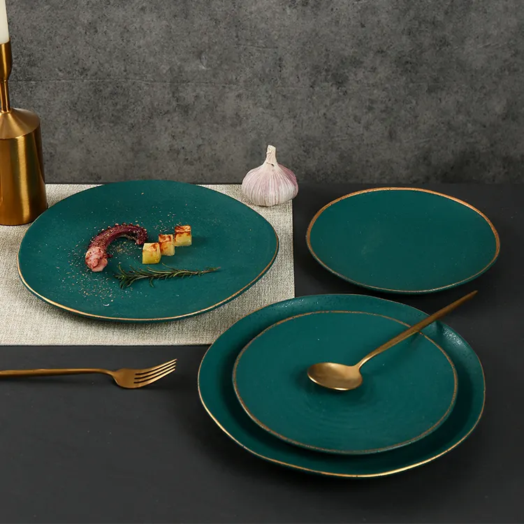 Manufacturers wholesale customized luxury dark green irregular golden rim serving dishes and plates ceramic dinner plate