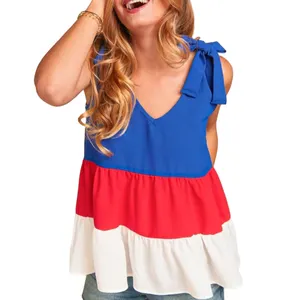Wholesale USA Theme T Shirt Colorblock Red Blue White V Neck Ruffle Hem Patriotic Tiered Shoulder Tie Strap Bow Tank Top Women