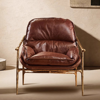Fauteuil simple en cuir huilé style rétro français, chaise cigare de designer en fer forgé du milieu du siècle, chaise de loisirs forgée à la main