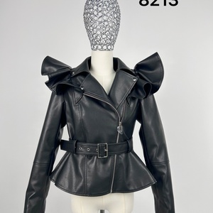 Chaqueta <span class=keywords><strong>de</strong></span> <span class=keywords><strong>cuero</strong></span> para <span class=keywords><strong>mujer</strong></span> con solapa, estilo motero, cierre asimétrico, talla y color personalizables - Product Image 2