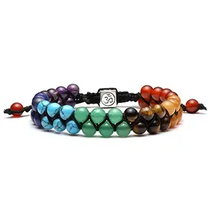 Double row Beaded 7 Chakras Charms Healing Crystals Yoga Stone Meditation Bracelets Bangle for Women Men Unisex