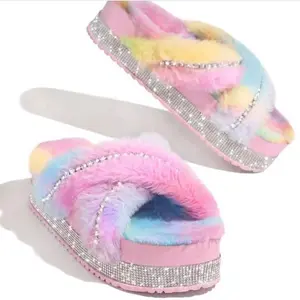 Ladies Shiny Bling Women Fur Rhinestone Slippers Platform Wedges Heel Fluffy Furry Slides Flat Flip Flops Shoes
