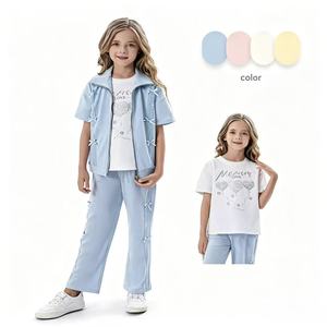 Ensemble 3 pièces décontracté d'été de haute qualité avec veste zippée à nœud décoratif, t-<span class=keywords><strong>shirt</strong></span> orné de strass en forme de cœur et pantalon large - Product Image 1