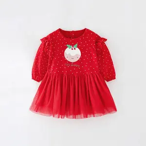 Wholesale Autumn European American Christmas Cotton Brushed Knitted Long Sleeve Mesh Princess Lace kids Girl Tutu Dress