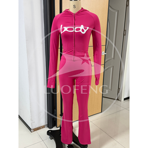 Completo <span class=keywords><strong>Due</strong></span> <span class=keywords><strong>Pezzi</strong></span> da <span class=keywords><strong>Donna</strong></span>: Felpa Corta con Zip e Pantaloni a Zampa Coordinati, Stampa Grafica, Stile Bodycon Streetwear, Private Label - Product Image 2