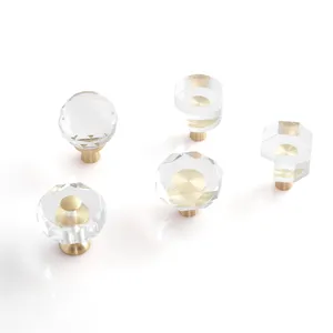 Oukali Modern Round Crystal Glass Diamond Interior Door Pulls Brass Base Furniture Cupboard Handle Cabinet Drawer Knobs