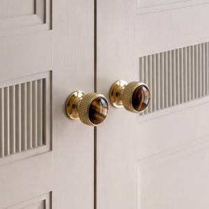 Luxury Cabinet <strong>Door</strong> Handles Tiger Eye Stone <strong>Knobs</strong> H59 Solid Brass PVD Gold Kitchen Hardware 2 Sets MOQ - Product Image 1