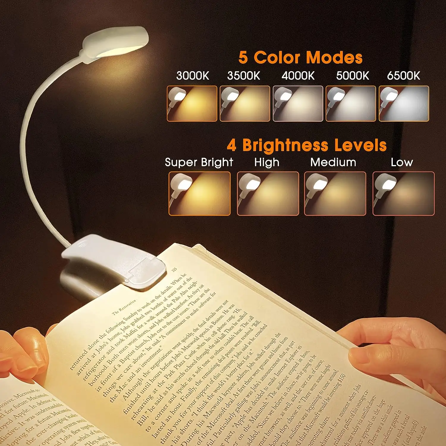 LOHAS Lampe de lecture à clipser blanche Flexible Portable USB Rechargeable Lampe de lecture pour livres