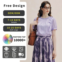 Chemise élégante en mousseline de soie drapée de couleur violette pour femmes, col à chaîne en cristal, décoration asymétrique avec ruban