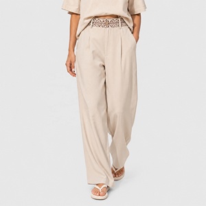 <span class=keywords><strong>Pantaloni</strong></span> Larghi Boho <span class=keywords><strong>Beige</strong></span> da <span class=keywords><strong>Donna</strong></span> con Dettaglio Ricamato in Vita, Vita Alta, Effetto <span class=keywords><strong>Lino</strong></span> Fluido, <span class=keywords><strong>Pantaloni</strong></span> Estivi da Spiaggia - Product Image 3
