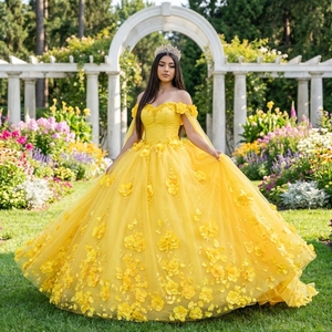 Robe de Quinceañera Princesse Jaune Perlée Lsmu164, Col Cœur, Traîne Chapelle, Longueur Ras du Sol, 100% Polyester, Plis Naturels, pour Fête - Product Image 1