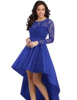 Vente en gros de robes en dentelle à manches longues haut bas queue d'hirondelle robes de bal en dentelle à la mode pour femmes robe de soirée sexy de couleur unie