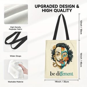 Sac fourre-tout en <span class=keywords><strong>toile</strong></span> imprimé avec un portrait de Dalí au style surréaliste tendance, sac de courses réutilisable conçu pour les femmes, adapté au campus et au quotidien - Product Image 3