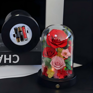 Dôme en verre avec roses LED stabilisées en gros, fleurs <span class=keywords><strong>éternel</strong></span>les avec hortensia et gypsophile, cadeau pour la Saint-Valentin et anniversaire - Product Image 2