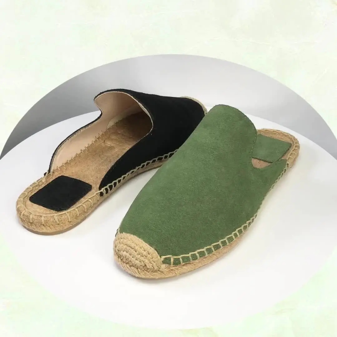 Men's Cow Suede Comfort Flat Mule Shoes Durable Outdoor Wrap-Toe Sandals Solid Colour, Breathable Espadrilles Slippers