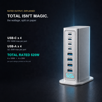 Chargeur GaN 8 ports 520W, hub de bureau tout-en-un, 4C PD100W 4A QC30W, affichage en temps réel, 8 protections, pour le bureau