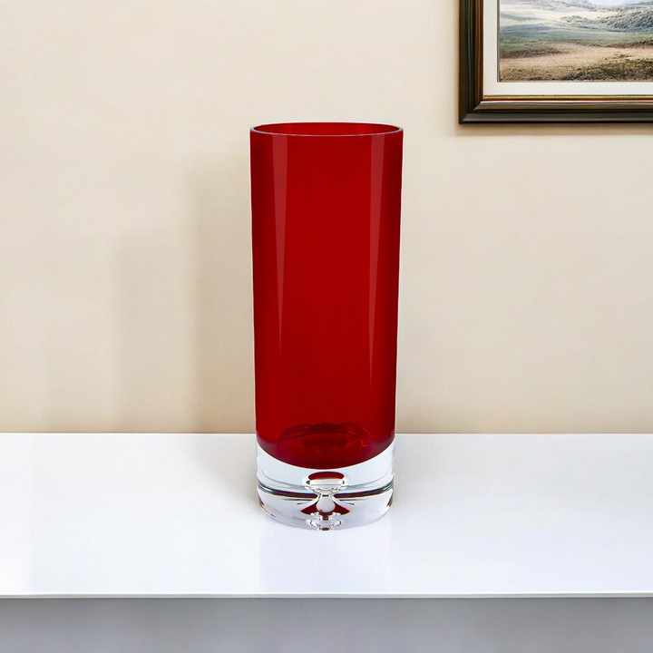 Handmade Red Crystal Glass Cylinder Table Vase 11\" Tall Modern Minimalist Design for Flowers or Weddings at Home