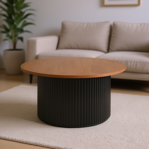 โต๊ะกาแฟทรงกลมทันสมัย ท็อปไม้เนื้อแข็ง ฐานสีดำ เฟอร์นิเจอร์ห้องนั่งเล่น โครงสร้างแข็งแรงทนทาน - Product Image 2