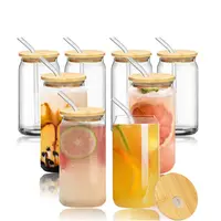 6Pcs Set Drinking Glasses with 6 Bamboo Lids and 12 Glass Straws, 16oz Can  Shape