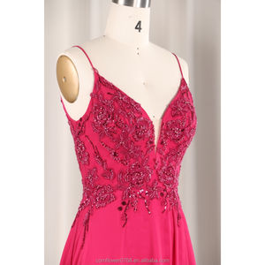 Robe de soirée moderne en tulle à sequins roses frais et <span class=keywords><strong>sexy</strong></span> Robe de soirée longue avec sangle spaghetti fente profonde en V et robes de demoiselle d'honneur rouge rose - Product Image 5