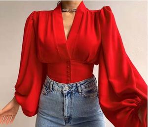 Blus kantor wanita, baju blus wanita ukuran Plus, elegan, ramping, lengan lentera, leher V berkancing, blus kantor, baru - Product Image 4