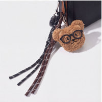 Breloque de sac en peluche motif visage d'ours avec lunettes, pendentif en peluche, cordon noir, pompon, porte-clés, accessoire de sac à main style preppy