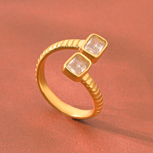 Luxury Square Cubic Zirconia Open Band Ring Anti Tarnish High Polished 18K Gold Stainless Steel Ladies Daily <b>Accessories</b> - Product Image 4