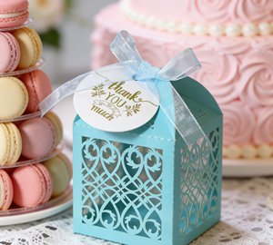 Light Blue Hollow Out Favor Box Made Of Pearlescent Cardboard With Laser Engraving And Organza Ribbon Fresh - Product Image 6