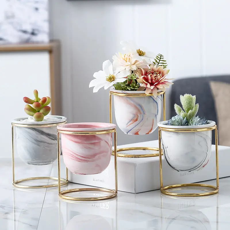 Nordic creative succulent marble pot Indoor Decor ceramic flower plant pots with gold iron frame