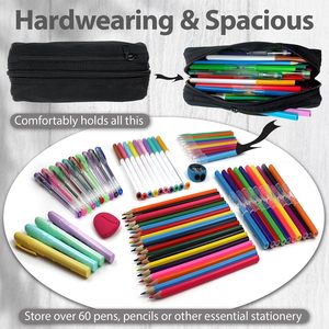 Trousse à crayons noire tendance pour l'école et le bureau, grande capacité, 2 compartiments, sans fermeture - Product Image 5