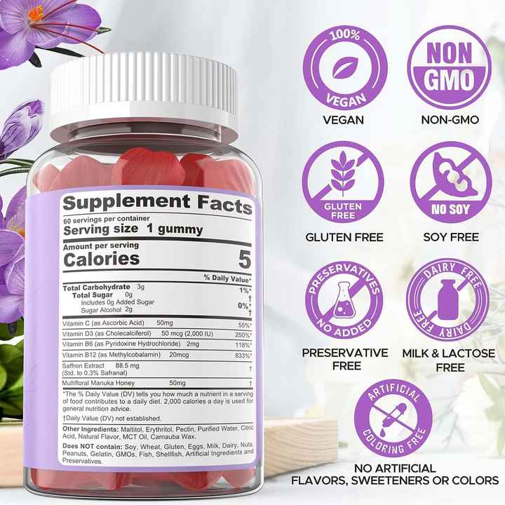 100% Pure Saffron Extract Gummies Whole Herb Supplement for Adult's Sustained Energy Cardiovascular Health Mixed Berry Flavor