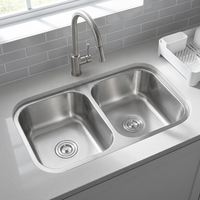 Évier de cuisine commercial double bac moderne fait main, installation sous plan, en acier inoxydable SUS304, surface polie