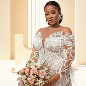 Nouvelle Robe de Mariée Sirène Africaine 2023, Coupe Ajustée, Manches Longues, Dentelle Couleur Chair, Col Rond, avec Liens, Robe de Mariée Nuptiale - Product Image 5