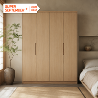Armoire japonaise Wabi-Sabi en bois massif avec portes plates à grain naturel, 4 portes, en chêne, autoportante, pour chambre à coucher