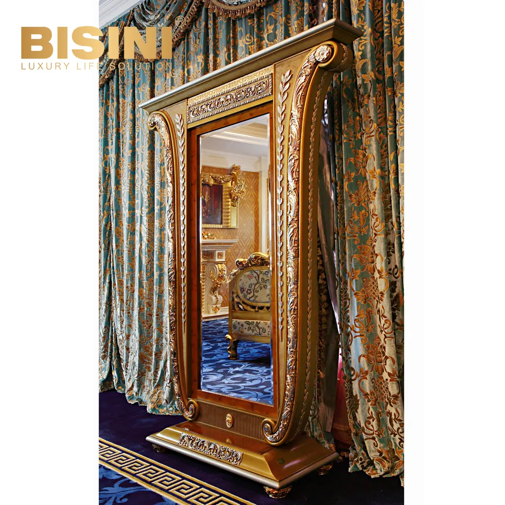 アンティークフレンチスタイル銅無垢木製フレームフルレングスミラー寝室、豪華なフルレングスミラー