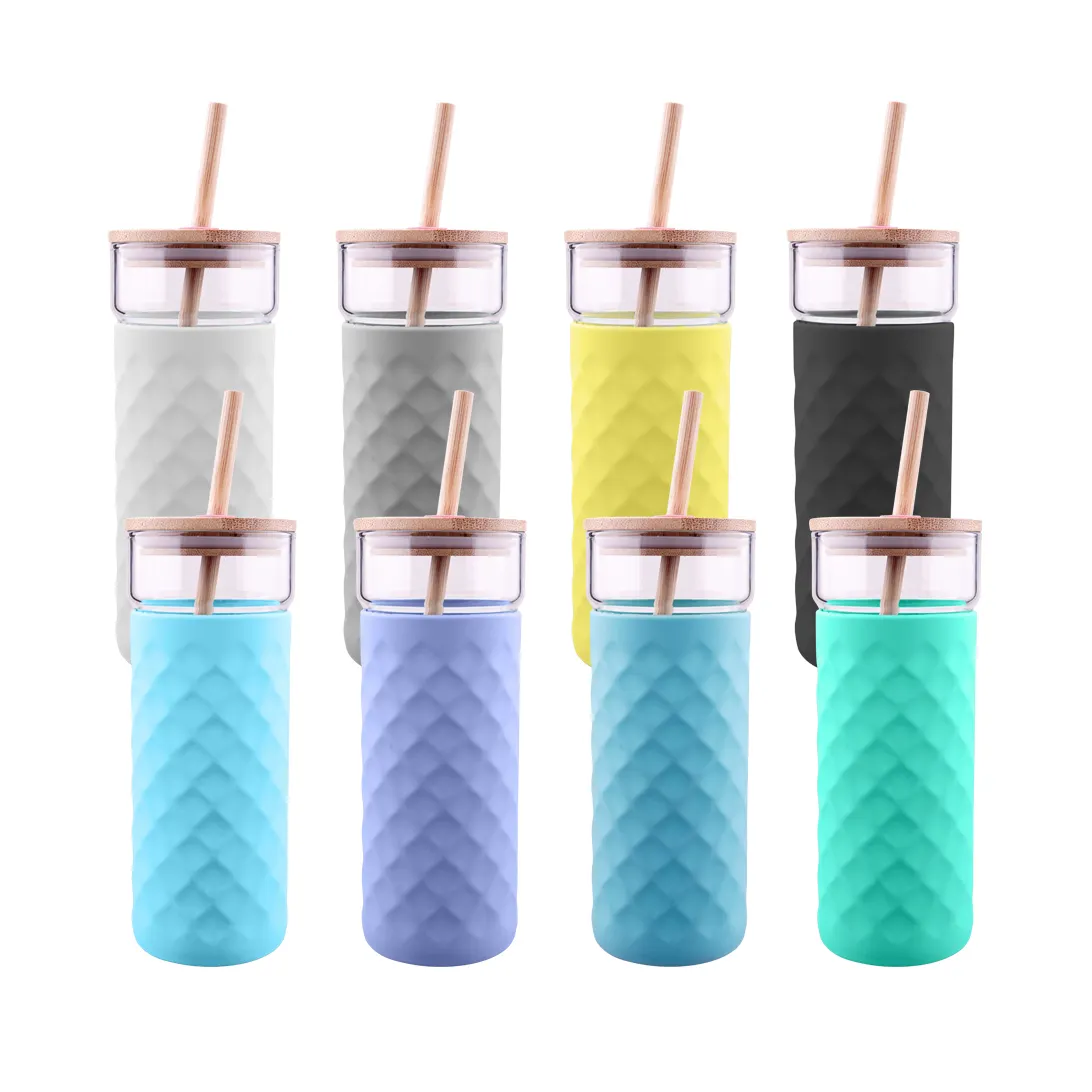 Tasse de voyage pour voiture avec manches en silicone et pailles en bambou, 500ml, couleur bonbon, gobelet en verre borosilicate