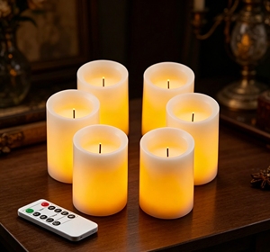Ensemble de 6 bougies <span class=keywords><strong>LED</strong></span> à fibre optique en cire de paraffine, bougies piliers 3D sans flamme D7.5xH10cm, télécommande, fonctionnant sur piles, Noël - Product Image 1