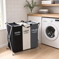 Panier à linge pliable Warmiehomy Classic Linen à 3 compartiments avec sac amovible, poignée en aluminium, 66x38x58cm