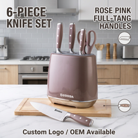 Ensemble de 6 couteaux de chef en acier inoxydable avec bloc, couteau Santoku, ciseaux de cuisine, manche rose, vente en gros