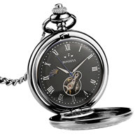 Montre de poche mécanique automatique à remontage manuel BOSHIYA Bsy-002, style antique, noir, argent, bronze, demi-chasseur, cadran squelette vintage