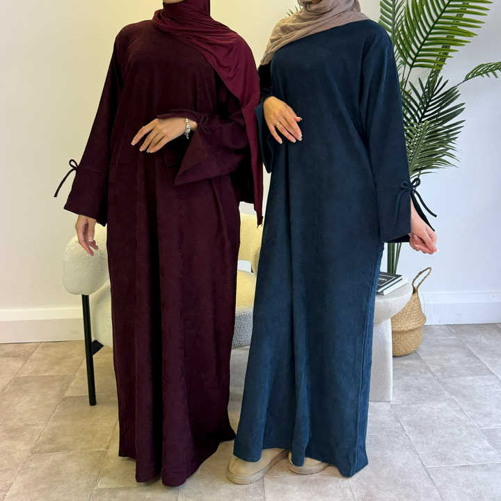 MH28 Winter Corduroy Abaya Dress - Muslim Maxi with Flared Hem & Puff Sleeves