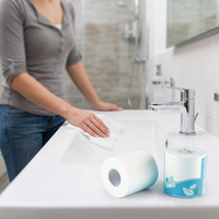 Rouleau de papier toilette emballé individuellement, fabriqué à partir de pâte de bois vierge ; doux, hautement absorbant et sans agents fluorescents.