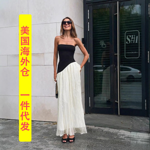 Robe longue élégante et fluide de style européen et américain pour femme, coupe ajustée, sans bretelles, bicolore noir et blanc, décontractée - Product Image 1