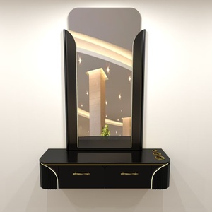 Luxury Black Gold Salon Station with LED Mirror Wall Mounted Barber Styling Desk with Rolling Trolley Cabinet Combo for Hairdres - Product Image 2