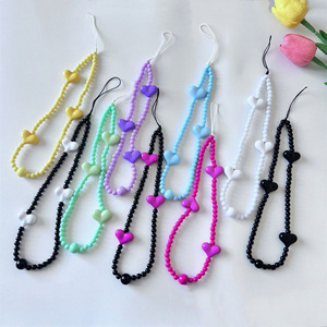 <b>Cute</b> Phone Chain Wristlet Strap Beaded Peach Heart Keychain Anti Loss Security Key Chains Mobile Phones Beads <b>Keyrings</b> Wholesale - Product Image 1