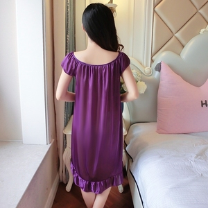 Camisón de Verano de Seda Helada para Mujer, Manga Corta, con Encaje <span class=keywords><strong>y</strong></span> Lazo, Ropa de Dormir hasta la Rodilla, Elegante Vestido de Noche para Dama - Product Image 2