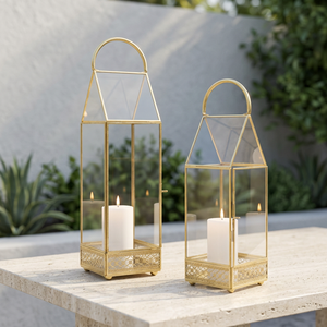 Golden Brass <b>Hurricane</b> Candle Holder with Glass Panels and Decorative Base Handmade Modern Design for Home Decoration - Product Image 1